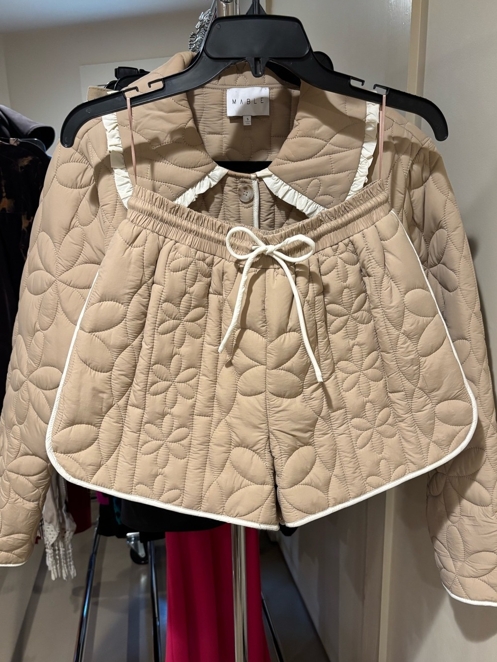 MABLE Quilted Beige Puffer Jacket and Short SET with Contrast Piping
